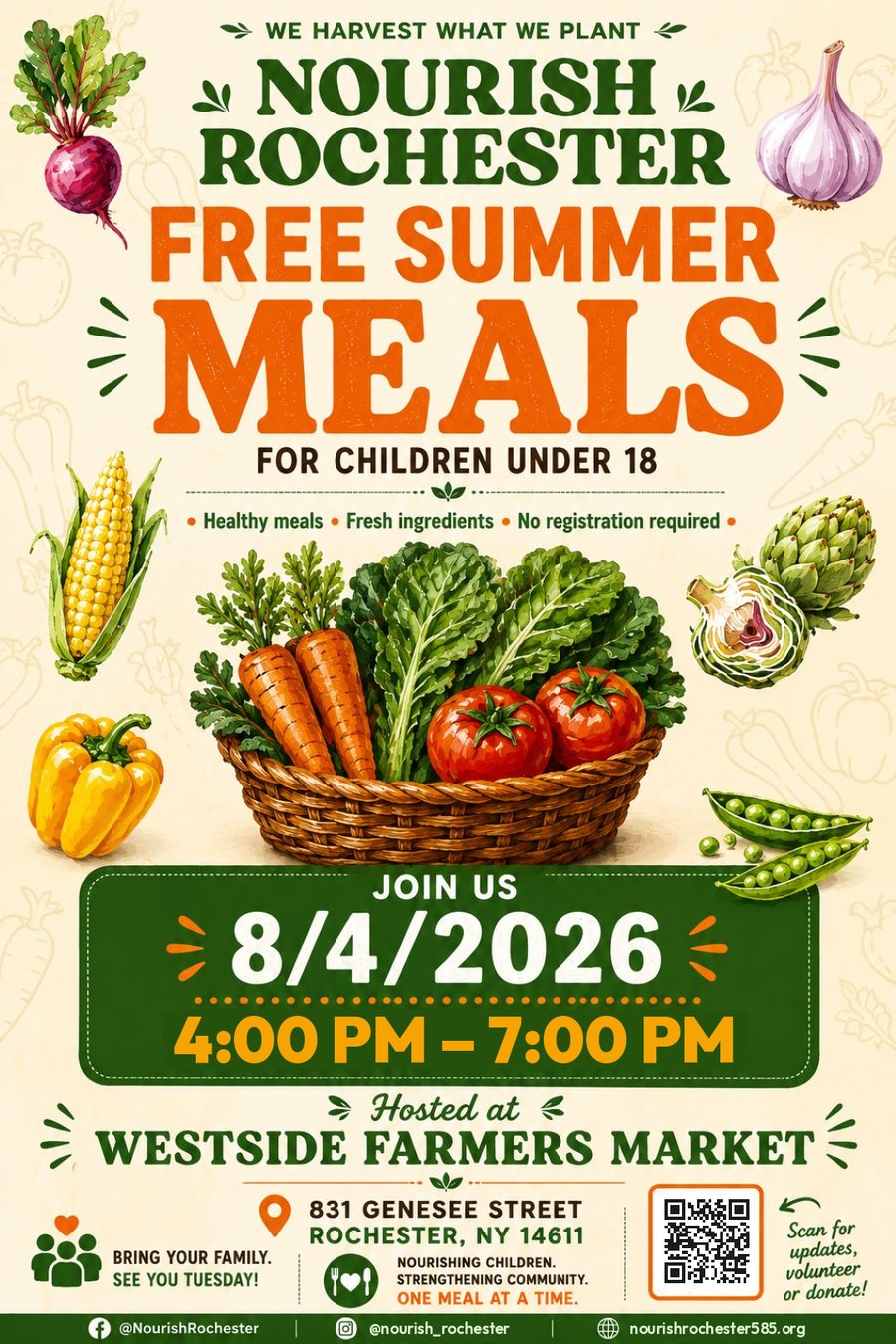 Free Summer Meals flyer — Tuesday, August 4, 2026, 4:00–7:00 PM at the Westside Farmers Market, 831 Genesee St, Rochester, NY 14611. Free meals for children under 18: healthy meals, fresh ingredients, no registration required.